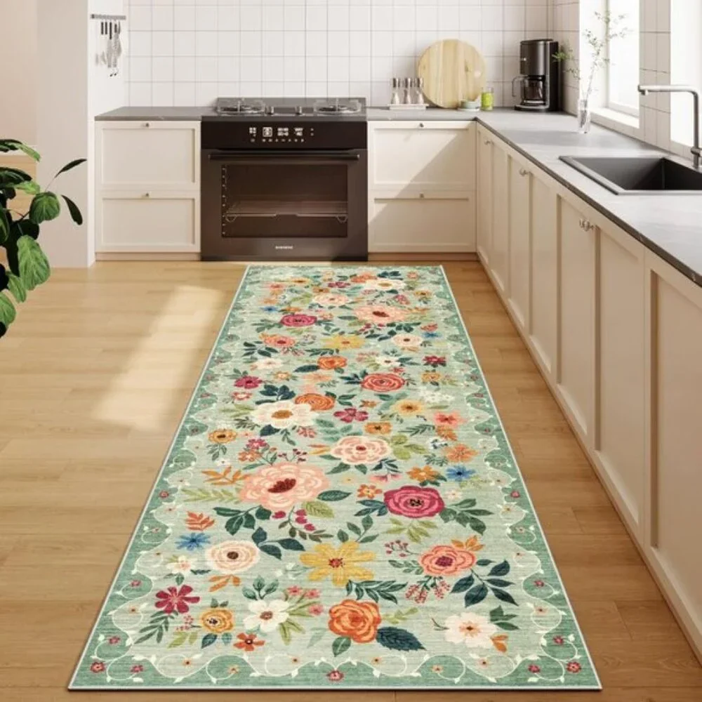 New 2.6x8 Washable Kitchen Runner Rug, Non-Slip Boho Floral Carpet, Green